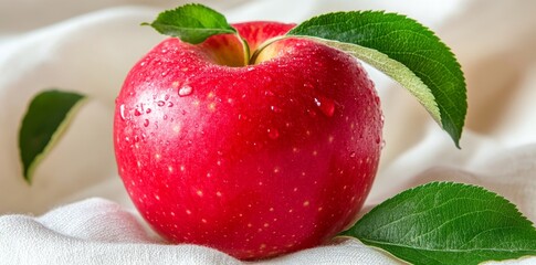 Wall Mural - A stock photo showcasing a lone apple with water droplets and a green leaf, displayed on a white background, representing healthy eating or food design concepts