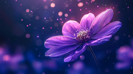 Aufkleber - Close-up view of a vibrant purple flower surrounded by shimmering particles in a mystical setting at night