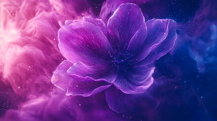 Fototapete - Vibrant purple flower surrounded by colorful swirling mist in a surreal artistic representation