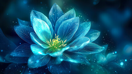 Poster - Luminous blue lotus flower glowing in a serene, mystical environment at night