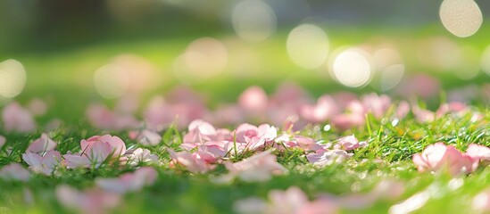 Wall Mural - Fallen Cherry Blossom Petals on Green Grass with Blurred Background