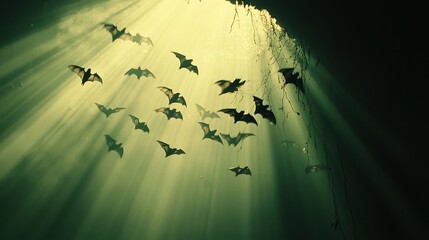 Canvas Print - A bat colony hanging upside down inside a large cave, illuminated by faint beams of light. The scene conveys the bats' role in harboring zoonotic diseases and their connection to viral outbreaks 