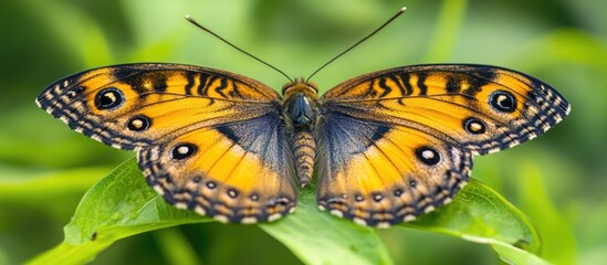 Wall Mural - close-up of an orange and black butterfly on green foliage