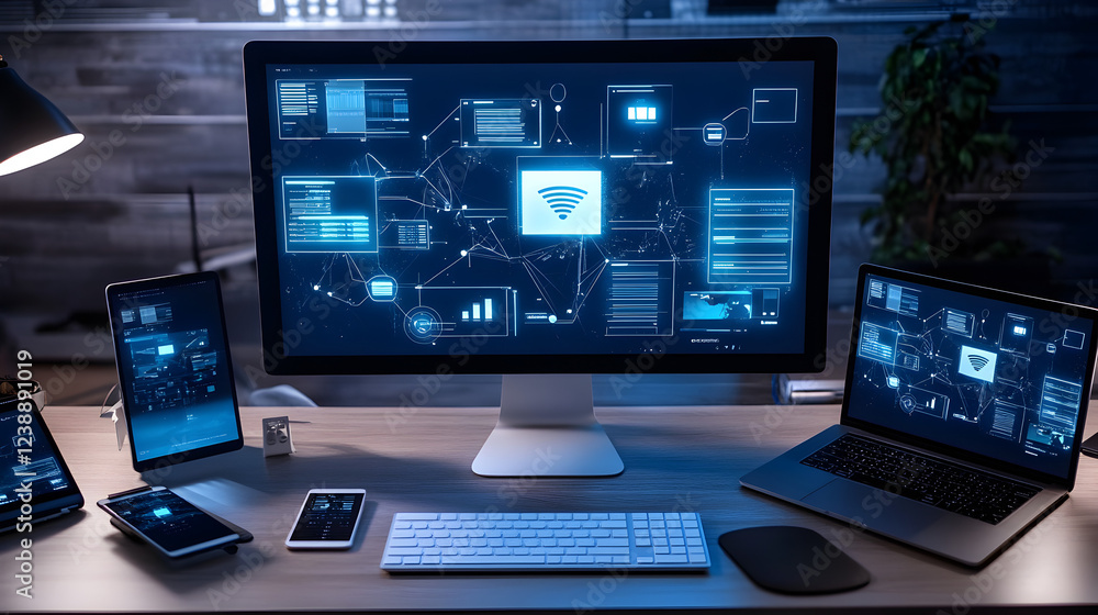 workspace with multiple mobile devices connected to a centralized ...