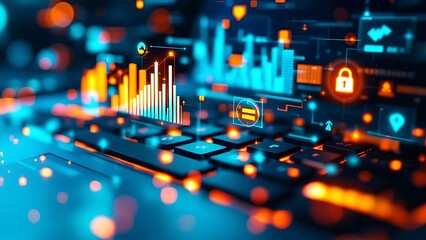 Wall Mural - financial graphs and charts overlaying a keyboard in a digital interface concept.