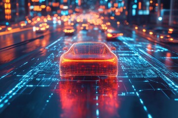 Wall Mural - autonomous car on futuristic road surrounded by holographic data visualizations