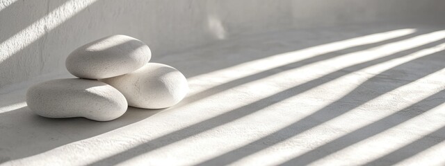 Wall Mural - smooth white stones on a textured surface with sunlight casting striped shadows across the scene, ho