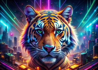 Wall Mural - Glowing Neon Tiger Face: Futuristic Aerial View