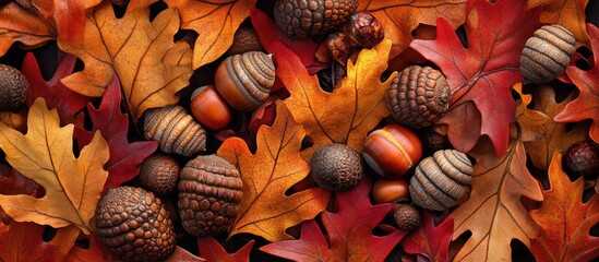 Wall Mural - Autumn Leaves and Acorns Background with Warm Tones