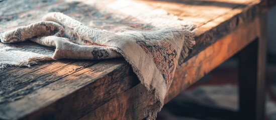 Wall Mural - Vintage wooden table with textured fabric draped over edge in warm natural light.