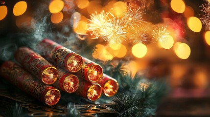 Canvas Print - Festive firecrackers, sparks, and bokeh lights.  Celebration, holiday, New Year's