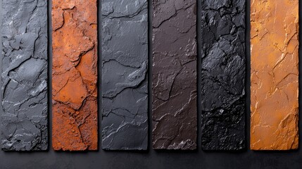 Wall Mural - Stone tile samples, various colors, textured surface, dark background, design material