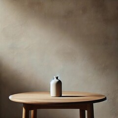 Wall Mural - A minimalist and aesthetic composition featuring a serene space with neutral colors. A simple wooden table with a single white ceramic vase