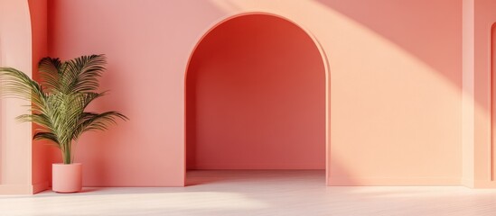 Wall Mural - Modern interior with coral arches, potted plant, and sunlight shadows on wall and floor, minimalistic architectural design.