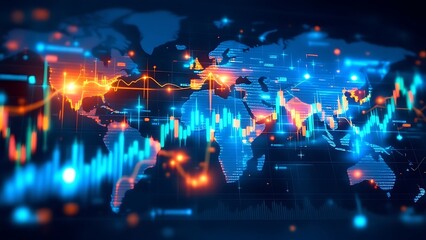 Wall Mural - financial trading graph with candlestick chart and binary data on dark blue digital background depic