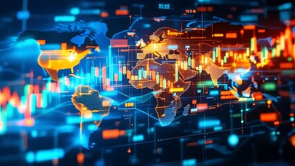 Wall Mural - financial trading graph with candlestick chart and binary data on dark blue digital background depic
