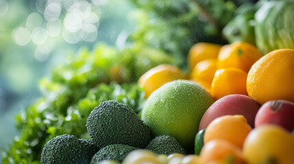 Wall Mural - Healthy Eating Bokeh Background. Healthy food on the counter with space for text