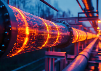 Wall Mural - close up of glowing oil pipelines with digital projections