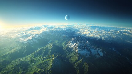 panoramic view of snow capped mountains on a fantasy planet