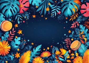 Wall Mural - Tropical night background with vibrant exotic leaves, glowing stars, floral elements, and traditional drums on a dark space for text Generative AI