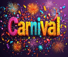 Wall Mural - Festive carnival celebration with colorful typography, confetti, fireworks, and a vibrant night sky background Generative AI