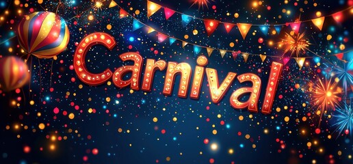 Wall Mural - Hand-drawn carnival celebration with colorful typography, festive decorations, fireworks, stars, and confetti on a dark background Generative AI