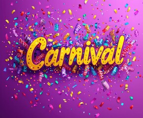 Wall Mural - Festive carnival typography with colorful confetti, streamers, and vibrant decorations on a bold purple background Generative AI