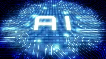 Poster - Technology AI on circuit board microprocessor. Futuristic artificial intelligence big data processing on blue 4K motion background.