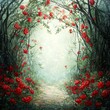 © ธนากร บัวพรหม - A magical pathway surrounded by blooming red roses, leading to a misty and enchanting realm filled with vibrant greenery and soft light filtering through the foliage.