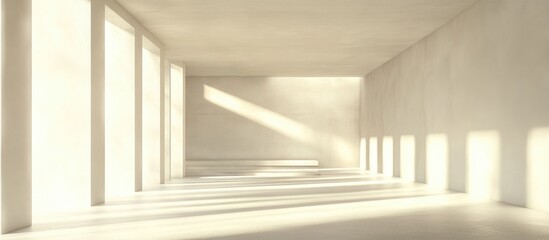 Wall Mural - Minimalist empty room with sunlight streaming through large windows and casting shadows