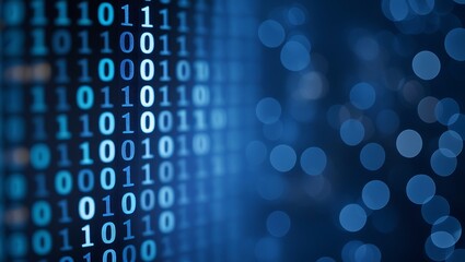 Closeup Blue Digital Binary Data with Bokeh – Technology and Coding Background, copy space backgrounds, coding, binary code

