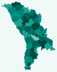 Wall Mural - Map of Moldova with regions. Just a simple country border map with region division. Teal color palette. Blank Republic of Moldova shape with administrative division. Vector illustration.