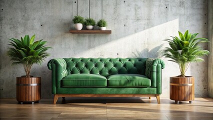 Wall Mural - Green Sofa with Wooden Planters - Low Light Interior Design Stock Photo