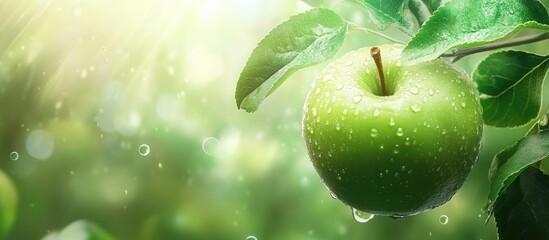 Wall Mural - Green apple on a branch with water droplets surrounded by lush leaves and soft blurred background with light rays Copy Space