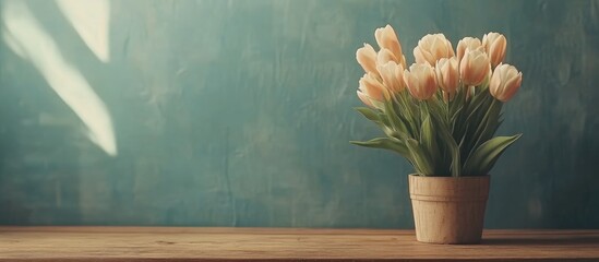 Wall Mural - Pink tulips in a wooden pot on a rustic table with a textured blue background and soft natural light Copy Space