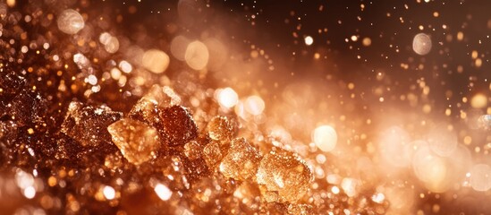 Wall Mural - golden sugar crystals with sparkles and bokeh effect on a dark background ideal for festive themes a