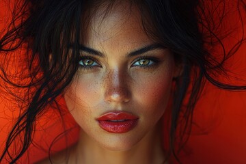 Wall Mural - Captivating portrait of a woman with striking green eyes and vibrant red lips against a bold orange background