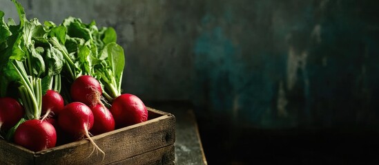 Wall Mural - Freshly harvested radishes with leafy greens in a wooden crate against a textured background Copy Space