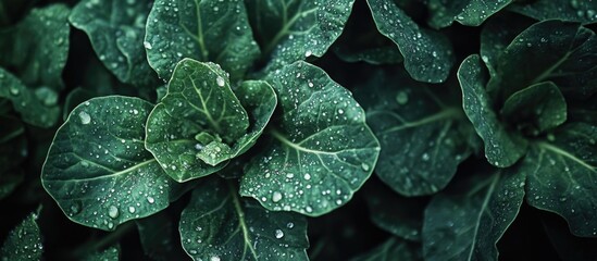 Canvas Print - Close-up of wet green leaves with water droplets on a dark background showcasing natural texture and freshness Copy Space