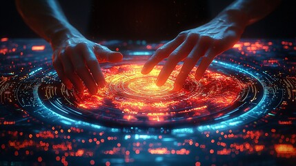 Wall Mural - Hands controlling fiery digital interface; futuristic background; tech concept art