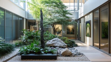 Wall Mural - Modern indoor garden with plants, stones, and artwork in a minimalist architecture space with large windows and abundant natural light Copy Space