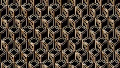 Leinwandbilder - golden geometric art deco pattern with 3d cube illusion on black background, luxury seamless texture for wallpaper and design

