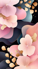Aufkleber - Beautiful arrangement of pastel flowers and leaves featuring delicate gold details against a dark backdrop, creating an elegant contrast