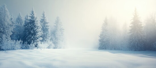 Wall Mural - Snow-covered landscape with foggy atmosphere featuring evergreen trees during winter season Copy Space