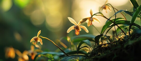 Wall Mural - Golden orchids in lush greenery with soft sunlight illuminating the scene and subtle bokeh effect in the background Copy Space