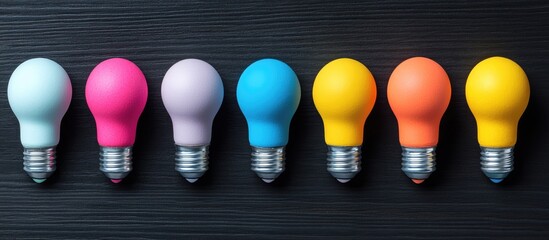 Wall Mural - Colorful decorative light bulbs arranged in a row on a dark wooden surface with Copy Space