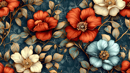 Poster - A vibrant arrangement of red, white, and blue flowers intertwines with leaves against a dark backdrop, creating a striking visual effect