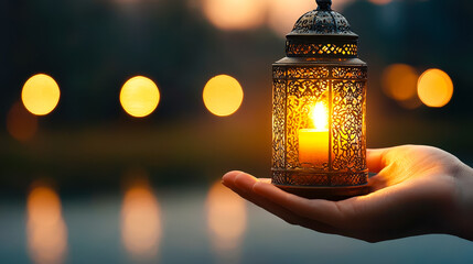 Leinwandbilder - A person holds a beautifully designed lantern with a glowing candle inside, illuminating the surroundings in soft light at dusk