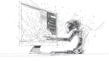 Robotic figure working on computer, digital lines.