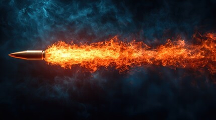 Poster - A bullet is propelled forward, surrounded by intense orange and red flames, cutting through a dark and smoky background, creating a striking visual effect
